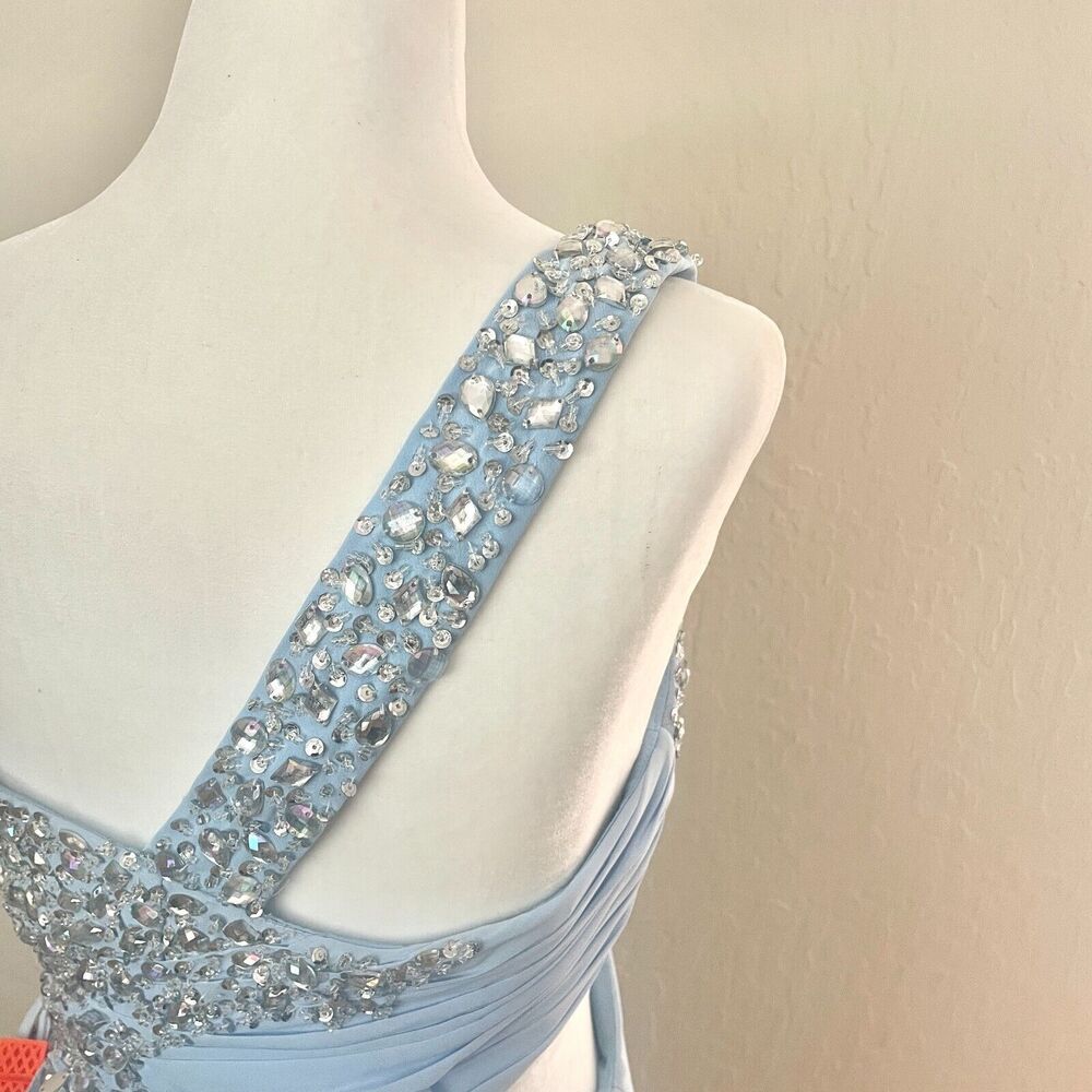JJ's House 6 prom gown 1-shoulder chiffon beading sequin split sky blue cut-out - Picture 12 of 16